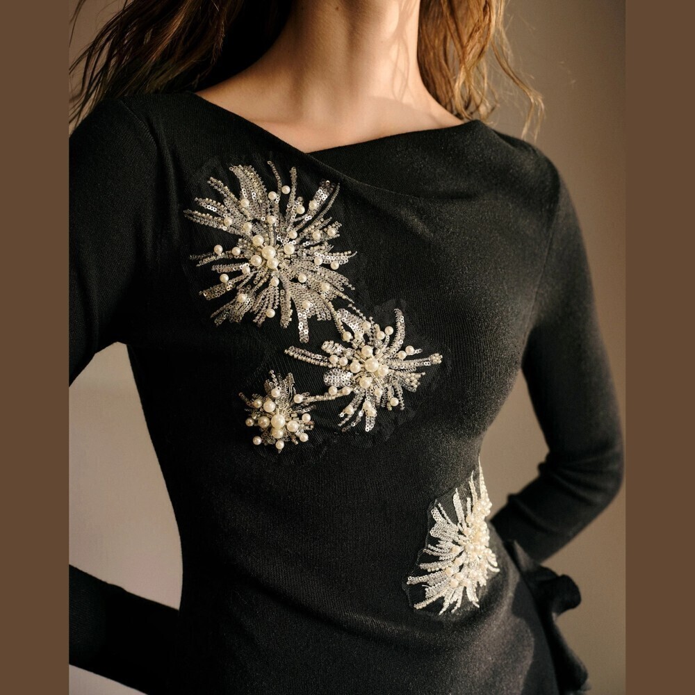 Black Knit Boat Cowl Neck Sweater with Pearl Sequin Starburst Appliques